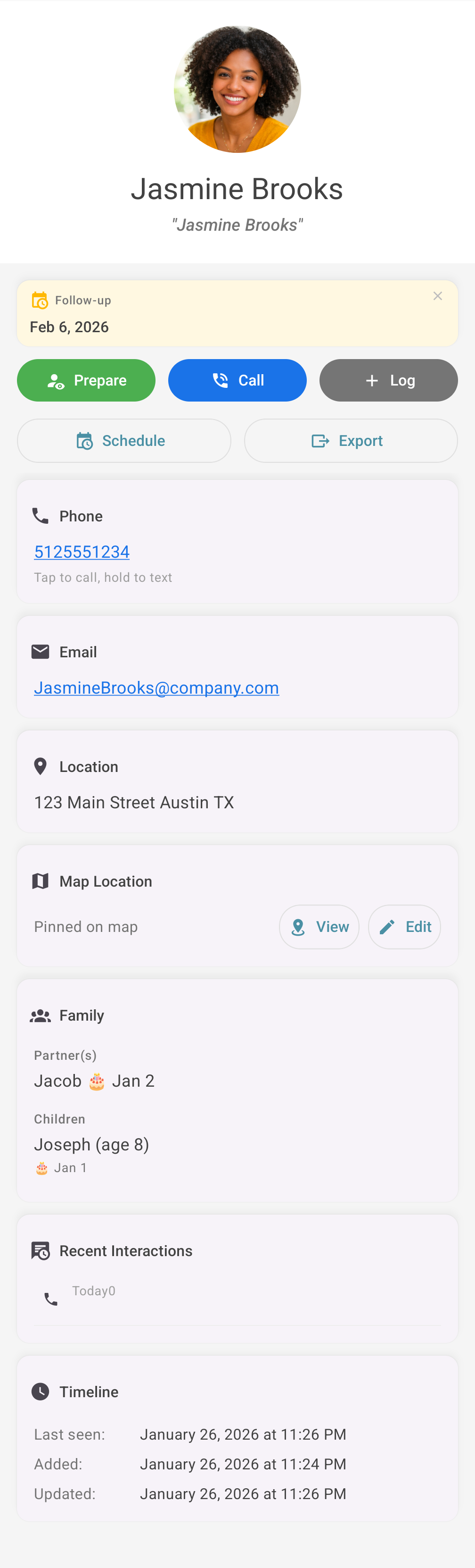 Contact profile with family, location, and interaction history