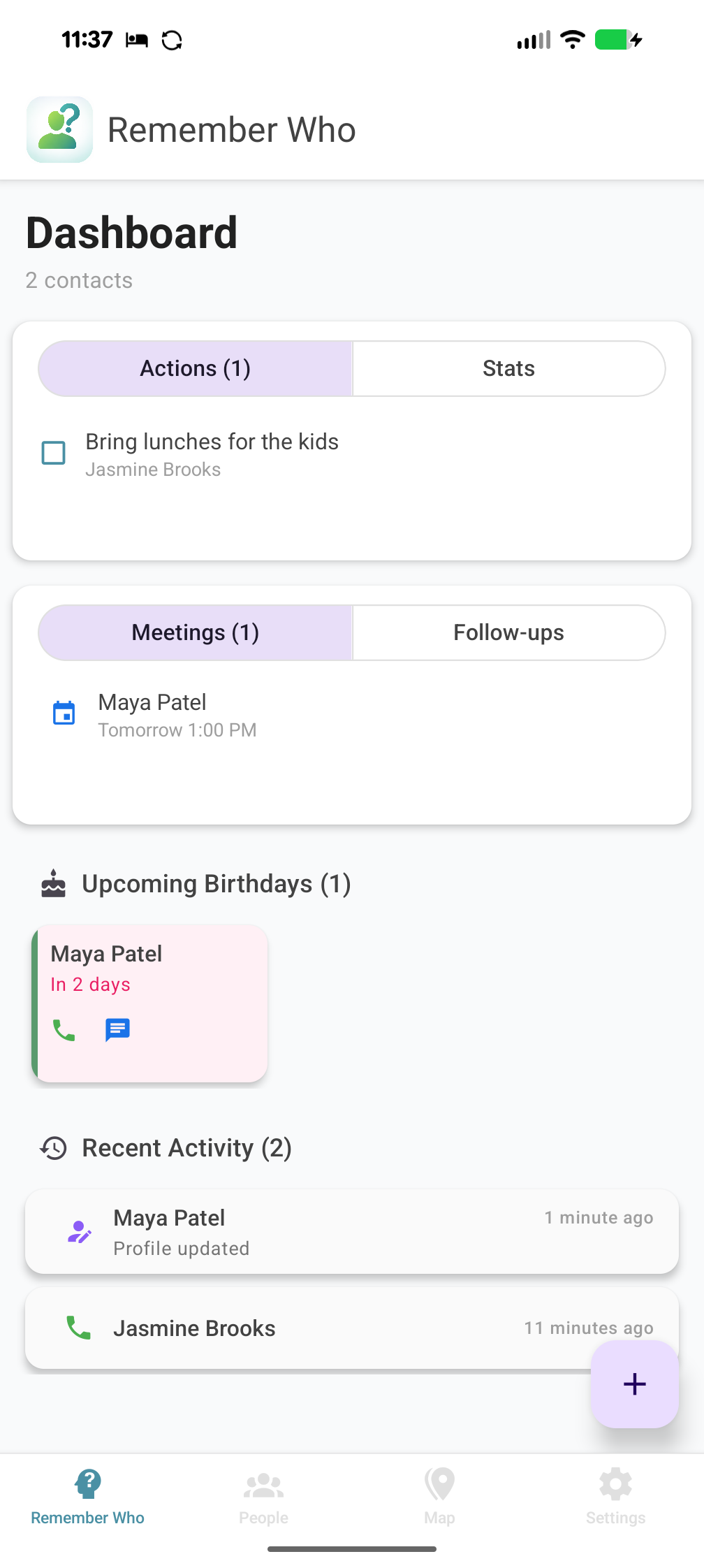 Remember Who app dashboard showing birthdays, meetings, follow-ups and recent activity