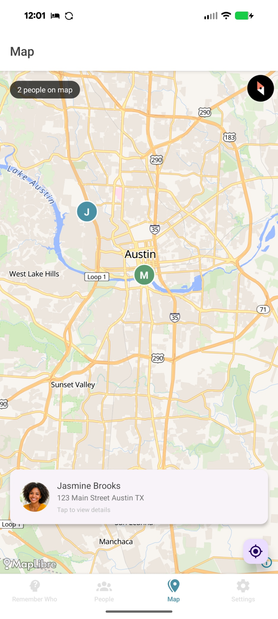 Map view showing contacts pinned on a map