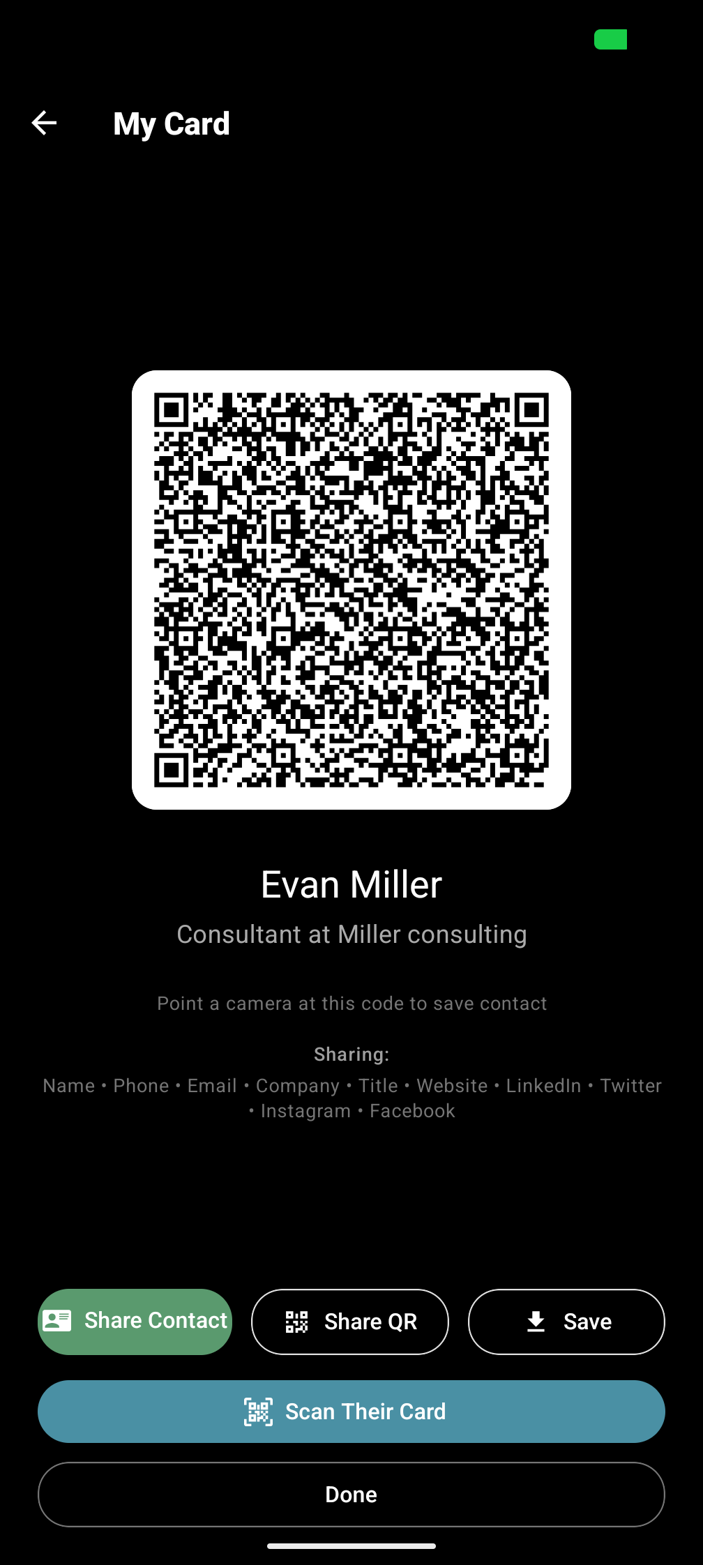 QR code sharing screen for contact information